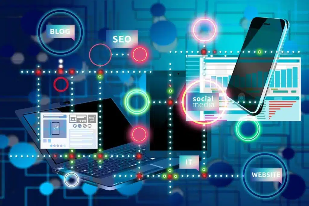 Marketing diagram with SEO, Blog, IT, Social Mdeia, and website